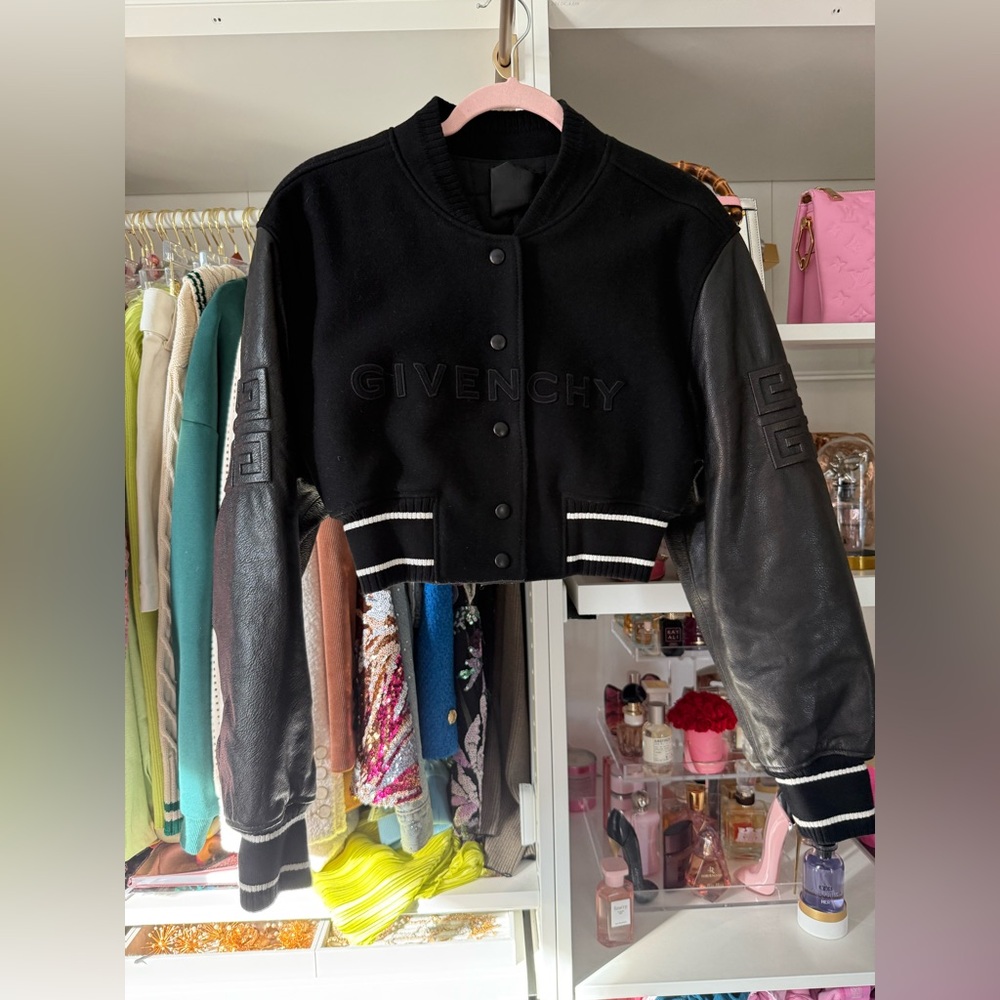 Givenchy Cropped Embroidered Wool-Leather Blend Varsity Bomber Jacket in Black